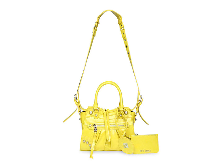 Bolso de mano amarillo de Steve Madden con asas superiores y correa larga ajustable.
