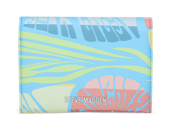 Cartera Steve Madden con estampado floral en tonos azul, amarillo y rosa.