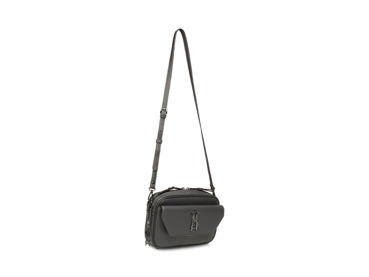 Bolso bandolera color gris oscuro de Steve Madden con correa ajustable y pequeño monedero circular.
