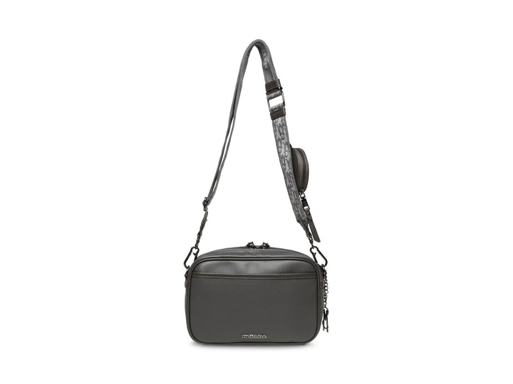 Bolso bandolera color gris oscuro de Steve Madden con correa ajustable y pequeño monedero circular.