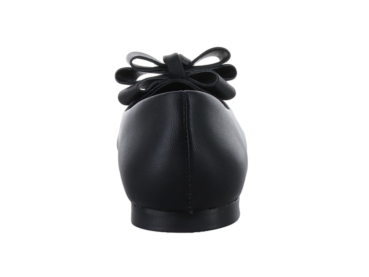 Zapato plano color negro para niña con un moño decorativo en la parte superior.