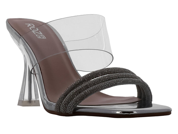 Sandalia de tacón alto con tira transparente y correa plateada brillante para mujer.