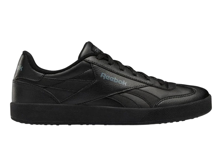 Tenis deportivos Reebok color negro con suela plana y logotipo lateral.