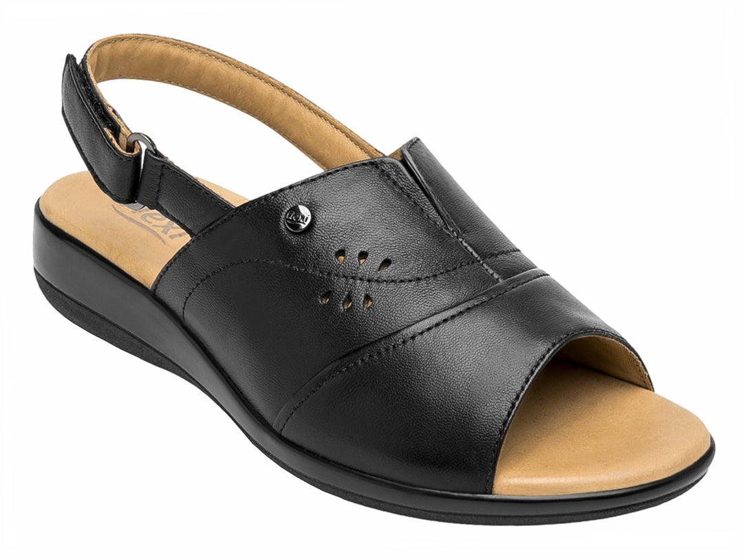 Sandalia Flexi para mujer en color negro con correa ajustable y plantilla beige.