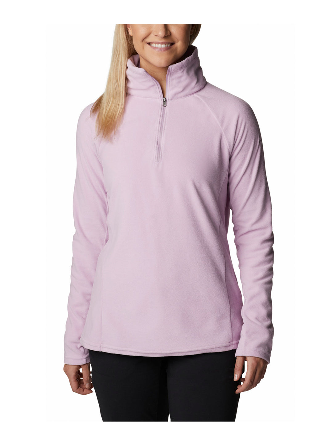 Sudadera Columbia color lila para mujer con media cremallera y cuello alto.