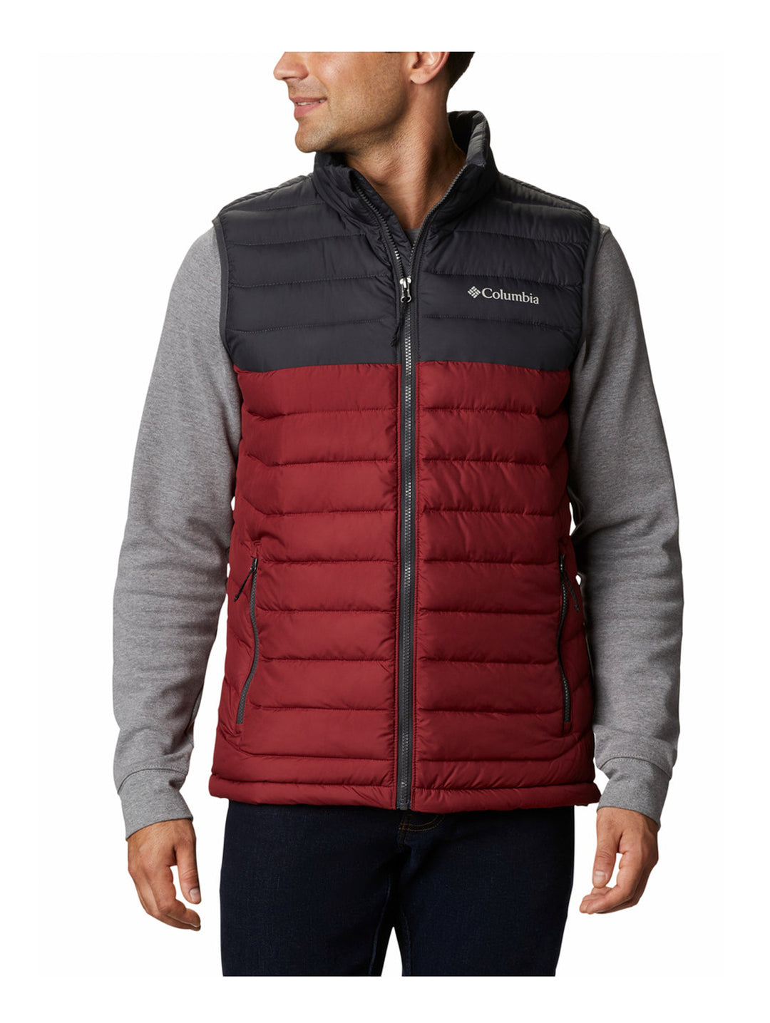 Chaleco acolchado Columbia bicolor en colores rojo y gris oscuro.