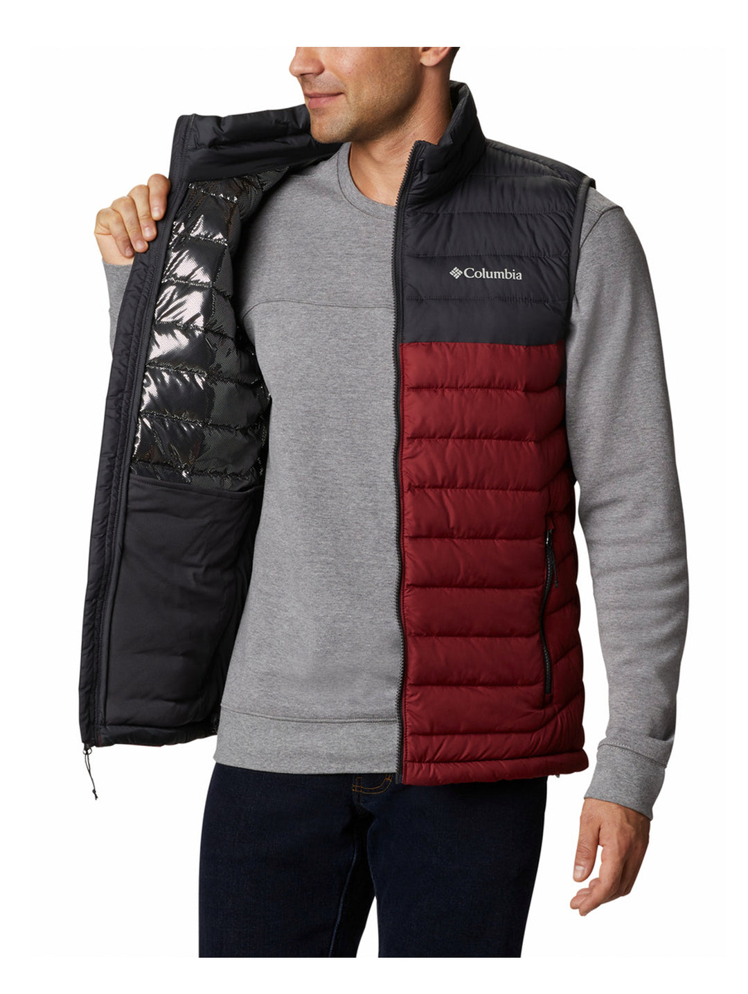 Chaleco acolchado Columbia bicolor en colores rojo y gris oscuro.
