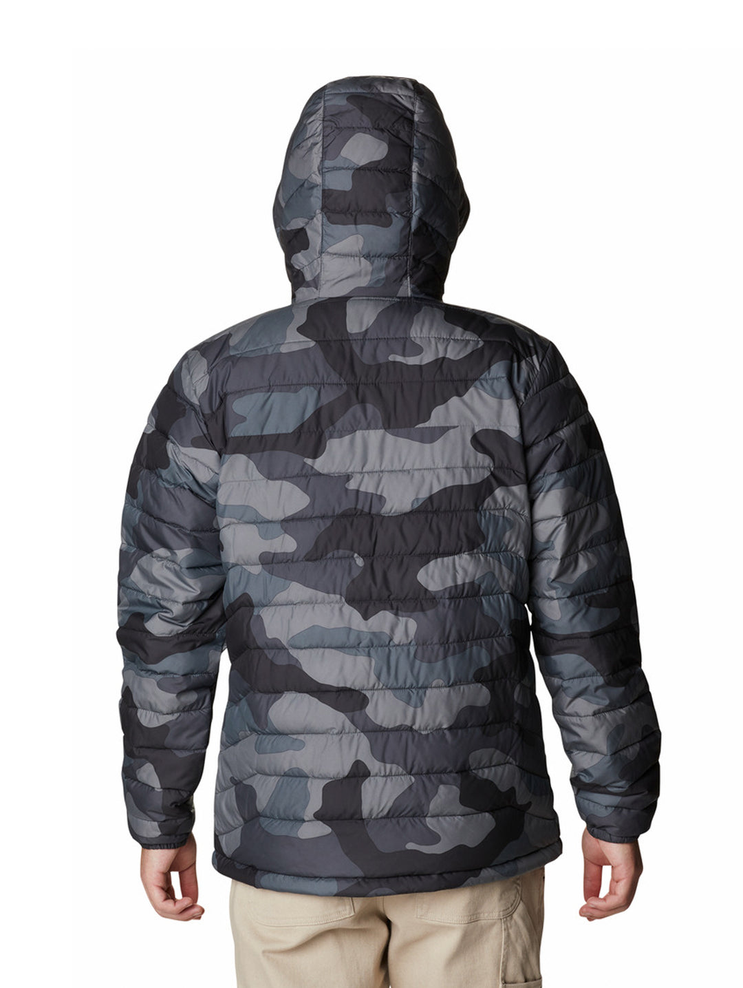 Chaqueta Columbia acolchada con capucha en estampado de camuflaje negro y gris.