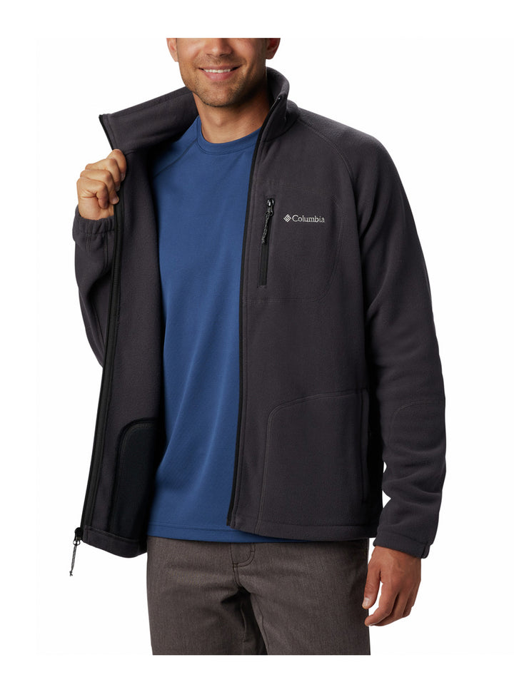 Chamarra de fleece Columbia color gris oscuro con cierre frontal completo y cuello alto.