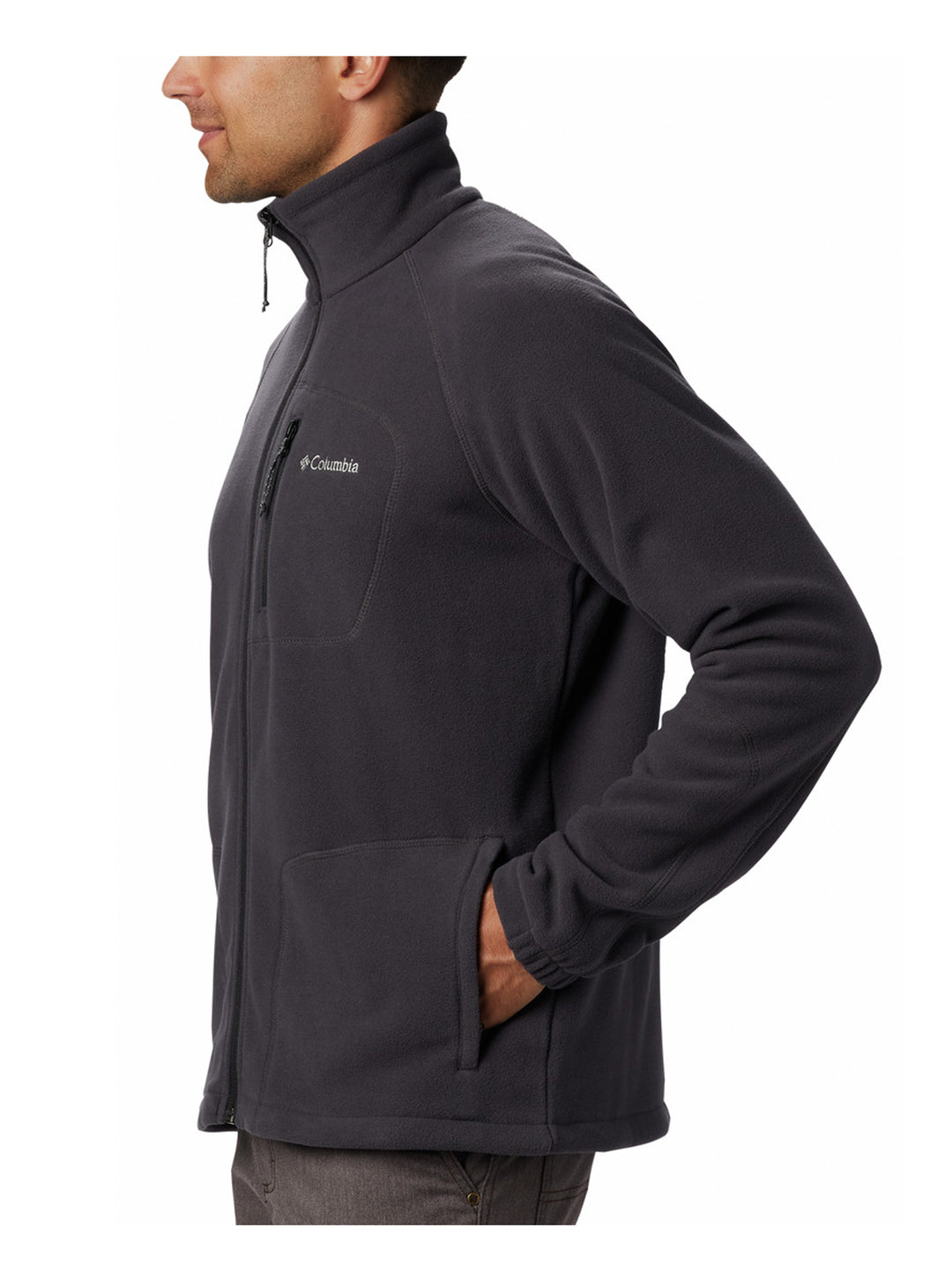 Chamarra de fleece Columbia color gris oscuro con cierre frontal completo y cuello alto.