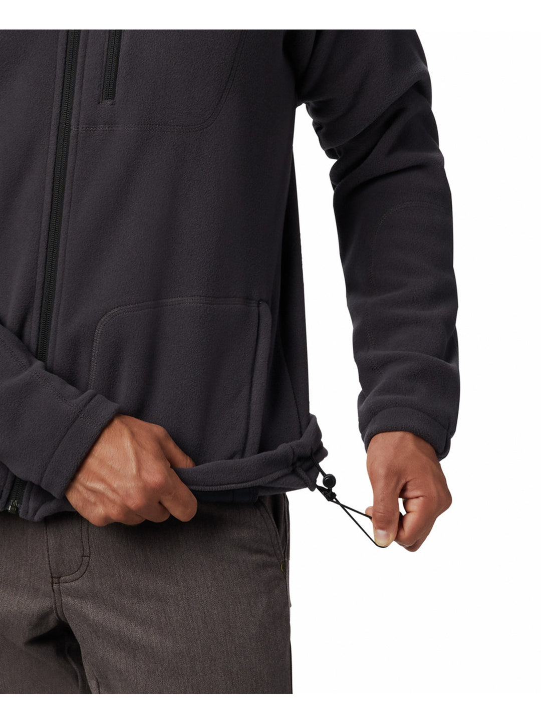 Chamarra de fleece Columbia color gris oscuro con cierre frontal completo y cuello alto.
