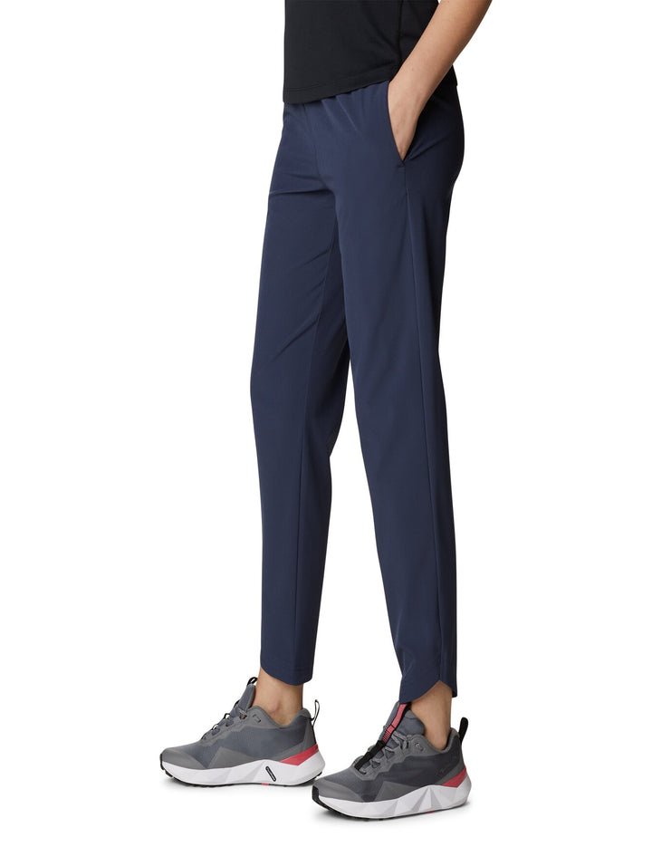 Pantalones de senderismo Columbia color azul marino con cintura elástica y cordón ajustable.