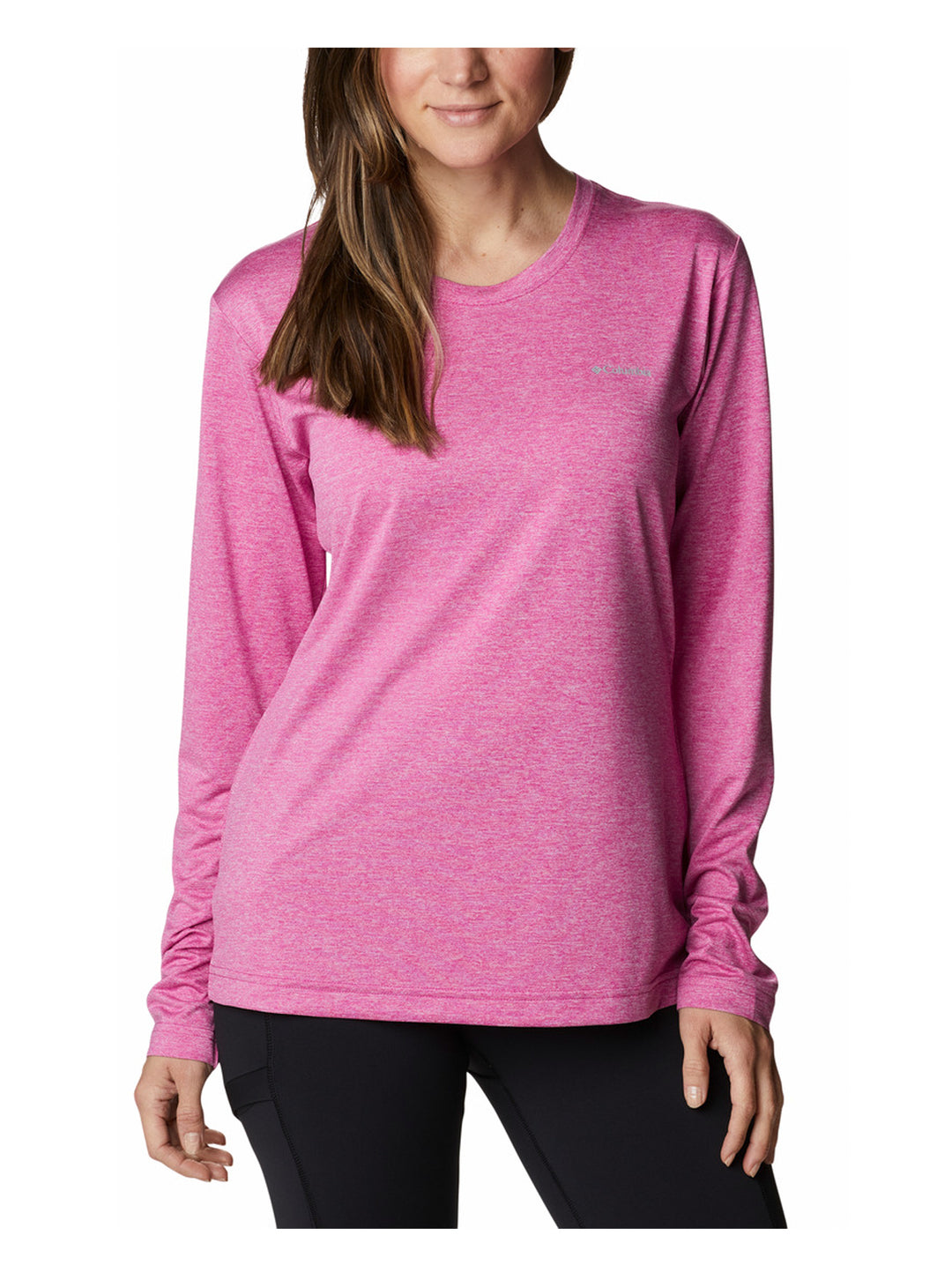 Camiseta Columbia Hike de manga larga en color fucsia jaspeado para mujer.