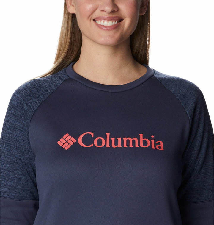 Sudadera deportiva Columbia azul marino con mangas jaspeadas y logotipo rojo en el pecho.