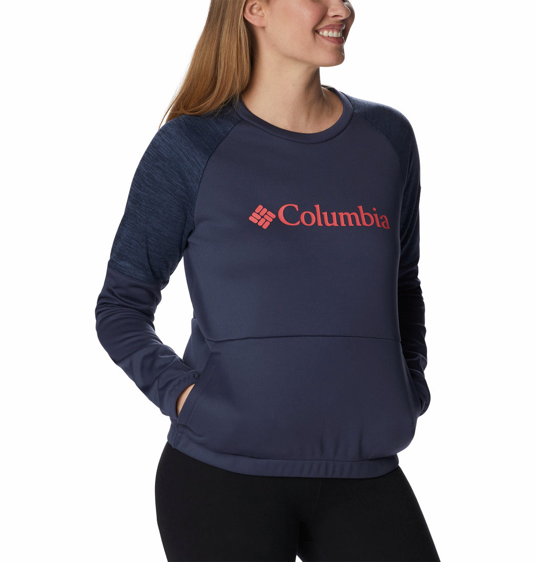 Sudadera deportiva Columbia azul marino con mangas jaspeadas y logotipo rojo en el pecho.