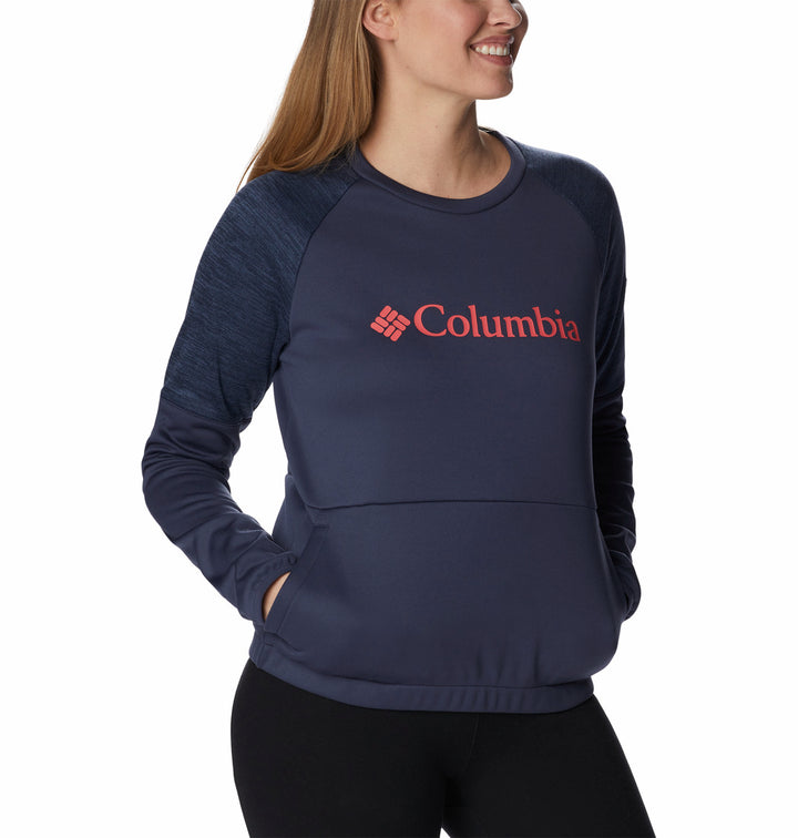 Sudadera deportiva Columbia azul marino con mangas jaspeadas y logotipo rojo en el pecho.
