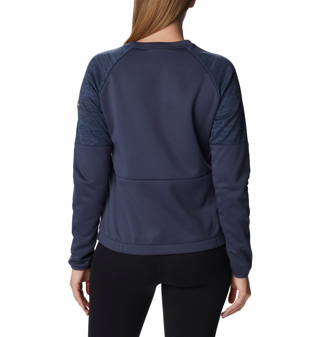 Sudadera deportiva Columbia azul marino con mangas jaspeadas y logotipo rojo en el pecho.