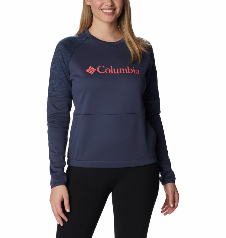Sudadera deportiva Columbia azul marino con mangas jaspeadas y logotipo rojo en el pecho.