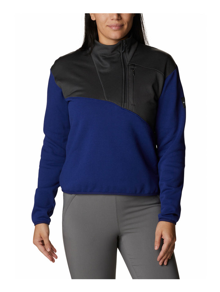 Sudadera híbrida Columbia para mujer en colores azul oscuro y gris.