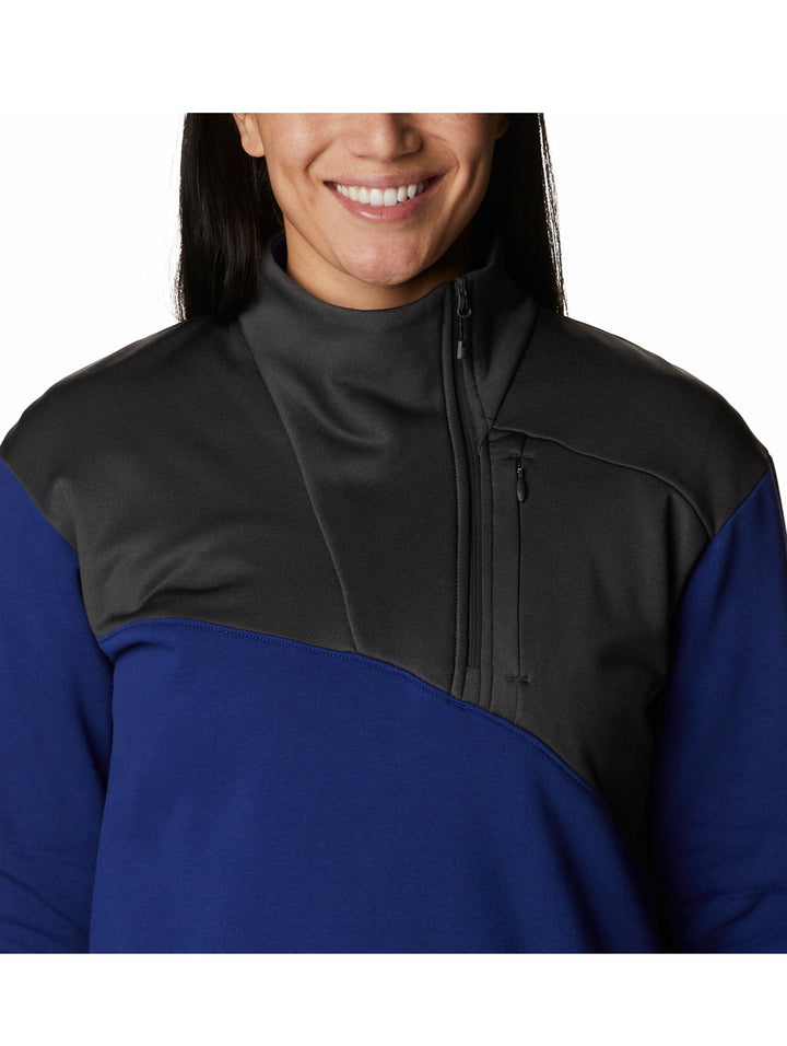 Sudadera híbrida Columbia para mujer en colores azul oscuro y gris.