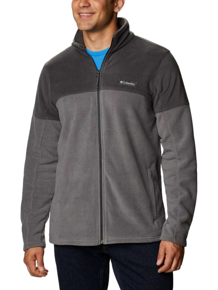 Chaqueta Columbia de fleece en dos tonos de gris con cierre frontal completo.