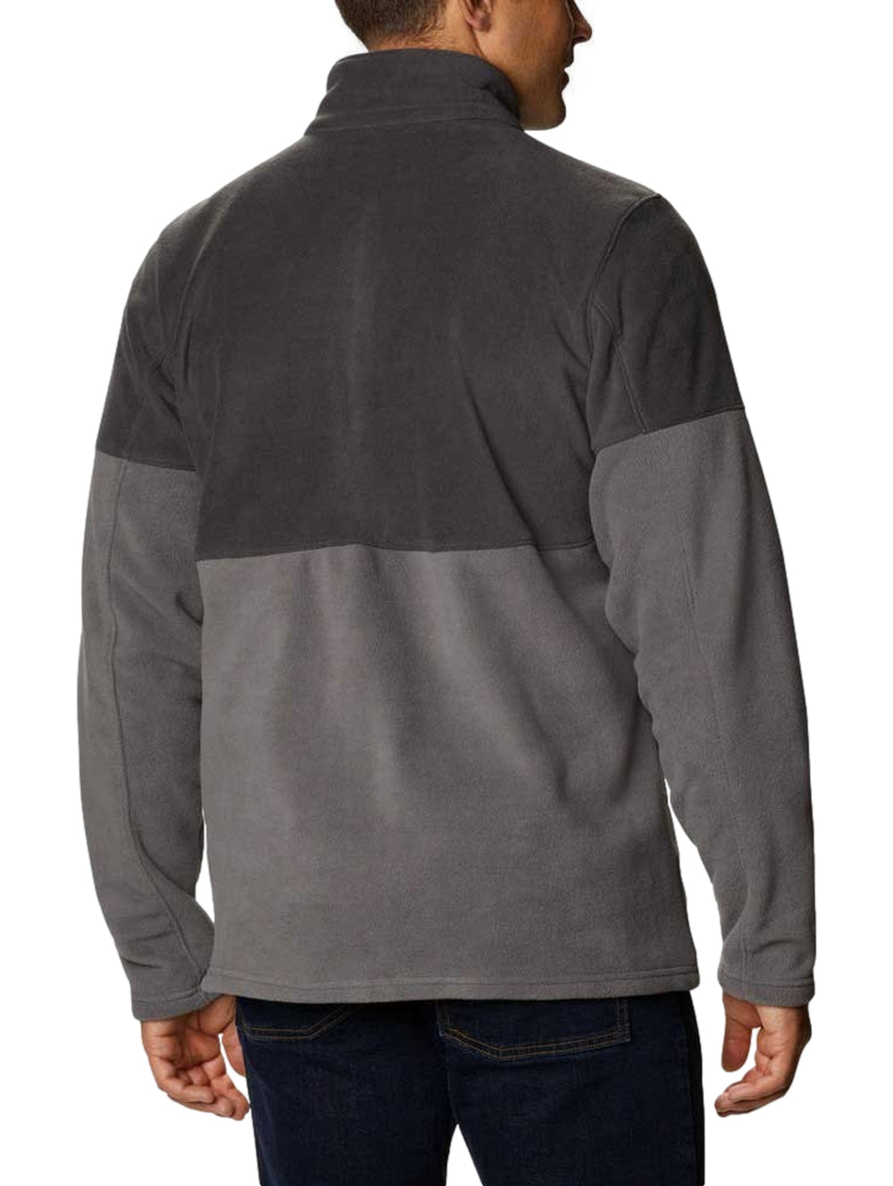 Chaqueta Columbia de fleece en dos tonos de gris con cierre frontal completo.
