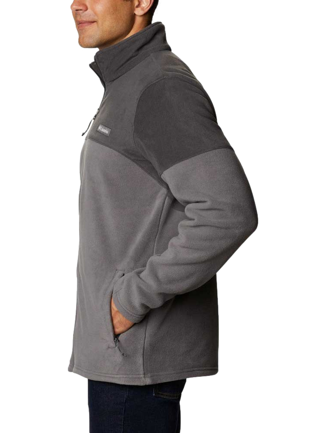 Chaqueta Columbia de fleece en dos tonos de gris con cierre frontal completo.