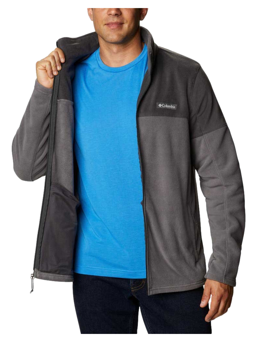 Chaqueta Columbia de fleece en dos tonos de gris con cierre frontal completo.