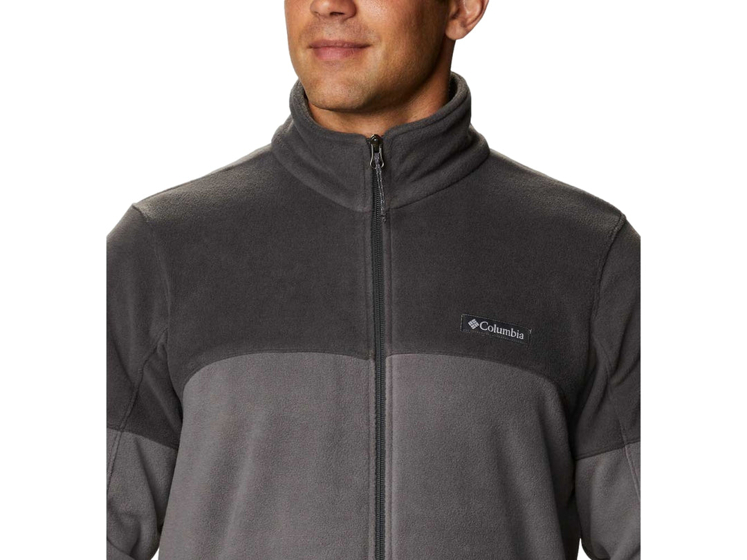 Chaqueta Columbia de fleece en dos tonos de gris con cierre frontal completo.