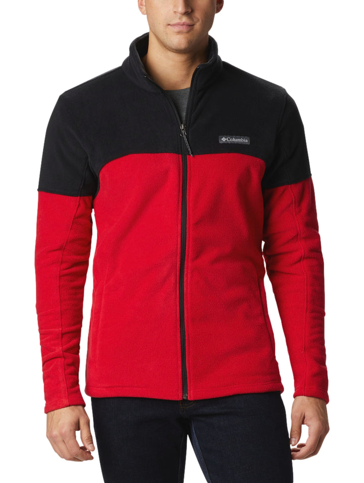 Chaqueta polar Columbia en colores rojo y negro con cierre frontal completo.