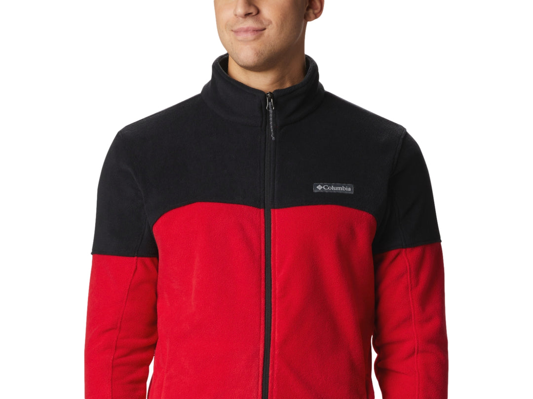 Chaqueta polar Columbia en colores rojo y negro con cierre frontal completo.