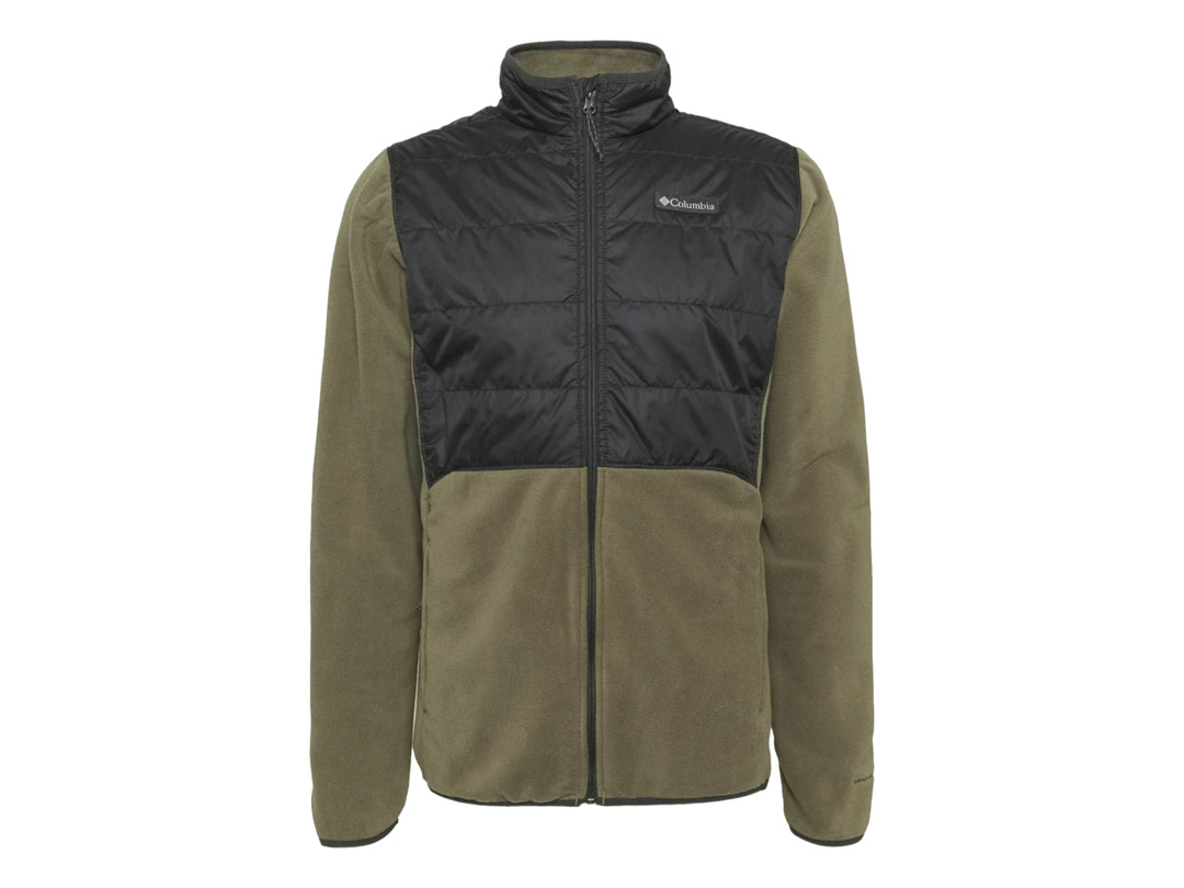 Chaqueta Columbia bicolor verde oliva y negro con panel superior acolchado y cierre frontal.