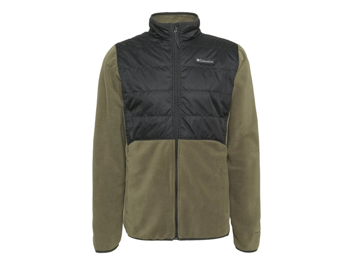Chaqueta Columbia bicolor verde oliva y negro con panel superior acolchado y cierre frontal.