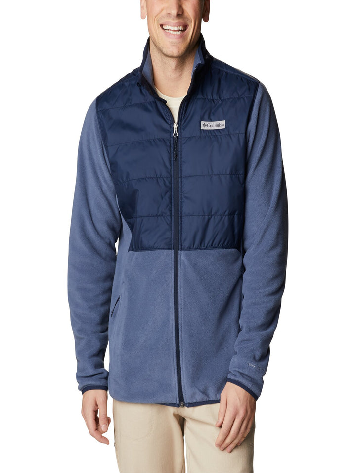 Chaqueta Columbia Basin Butte en tonos azul marino y azul con cierre frontal y panel superior acolchado.