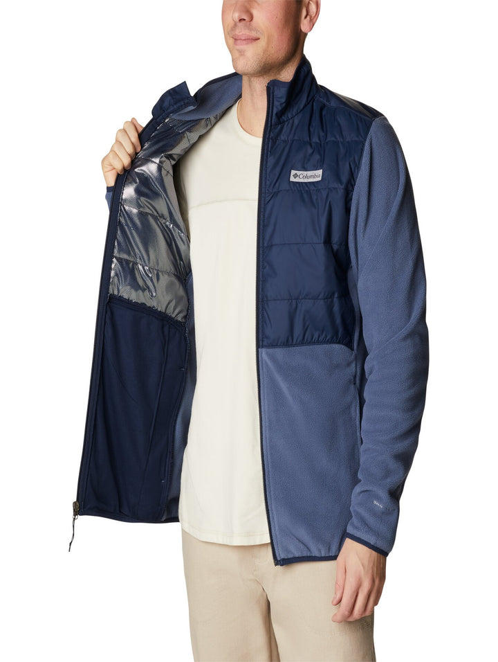 Chaqueta Columbia Basin Butte en tonos azul marino y azul con cierre frontal y panel superior acolchado.