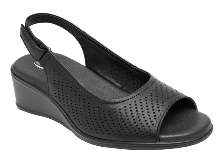 Sandalia de cuña color negro para Mujer con detalles perforados y correa trasera.