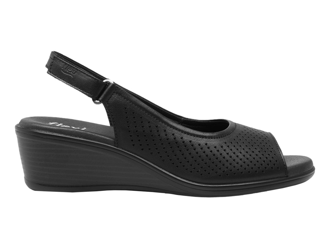 Sandalia de cuña color negro para Mujer con detalles perforados y correa trasera.