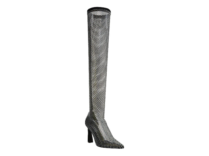 Bota alta Steve Madden Sapphi con recubrimiento total de cristales brillantes y tacón grueso en color plata.