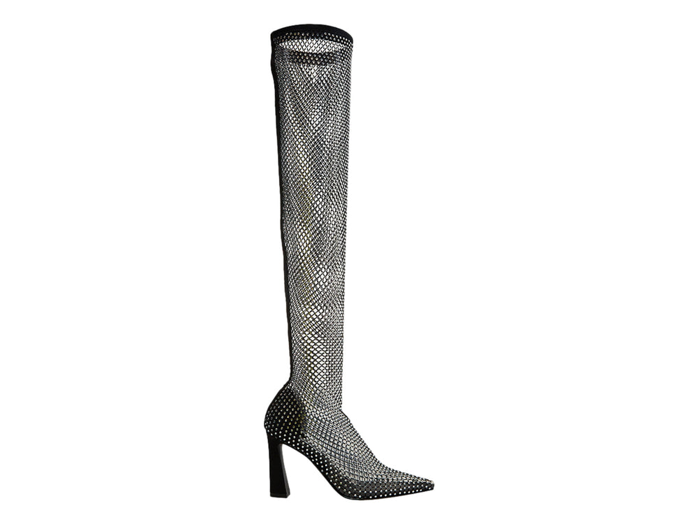 Bota alta Steve Madden Sapphi con recubrimiento total de cristales brillantes y tacón grueso en color plata.