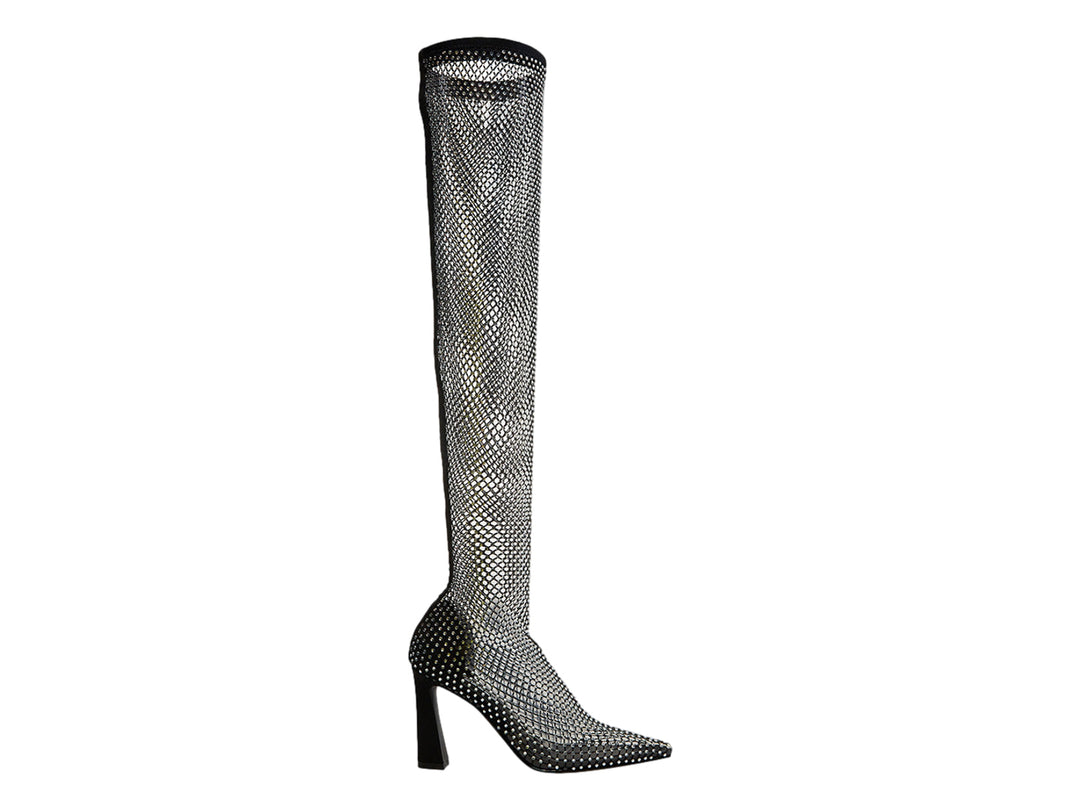 Bota alta Steve Madden Sapphi con recubrimiento total de cristales brillantes y tacón grueso en color plata.