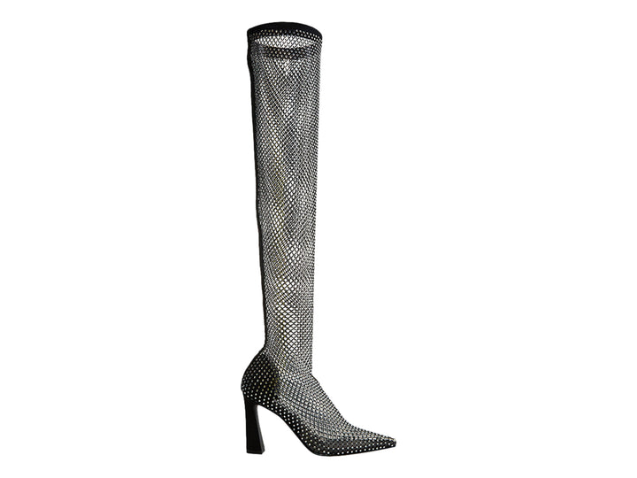 Bota alta Steve Madden Sapphi con recubrimiento total de cristales brillantes y tacón grueso en color plata.