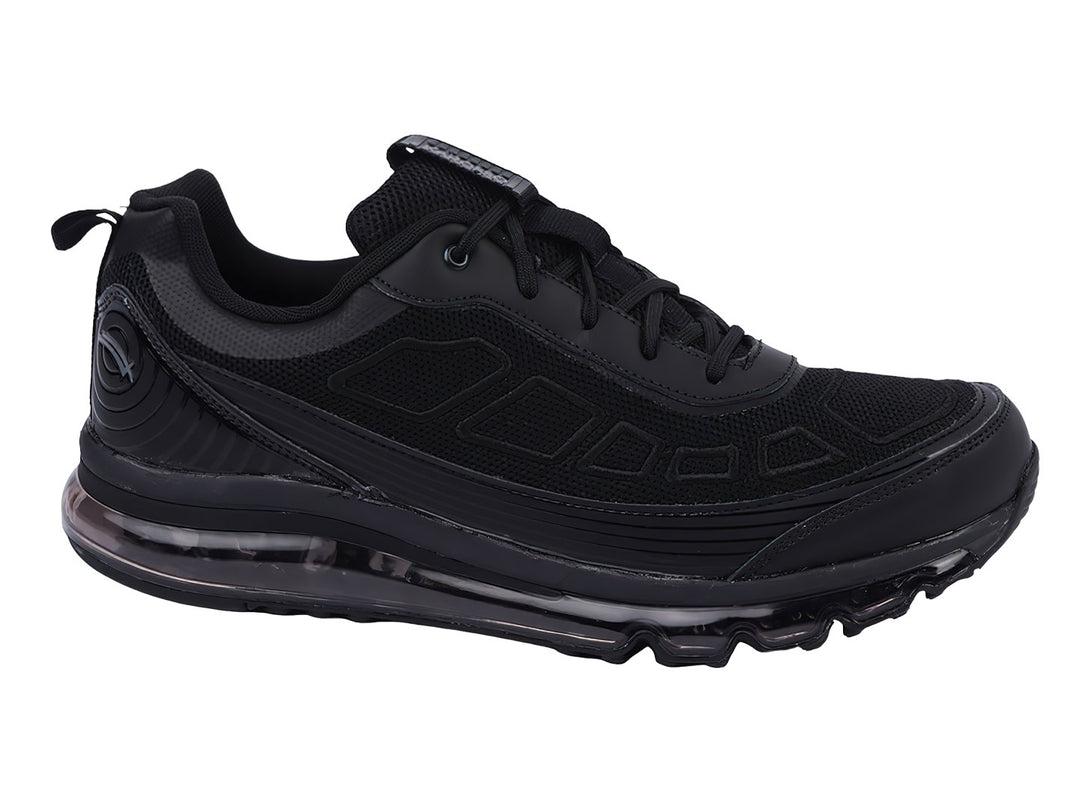 Tenis deportivos Karosso color negro total con suela amortiguada y detalles en malla.