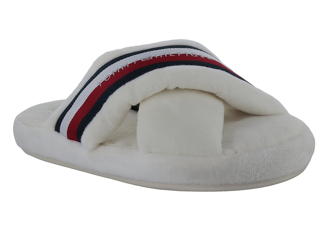 Pantufla blanca de Tommy Hilfiger con banda decorada con rayas rojas y azules.