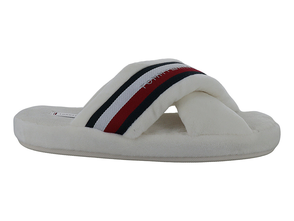 Pantufla blanca de Tommy Hilfiger con banda decorada con rayas rojas y azules.