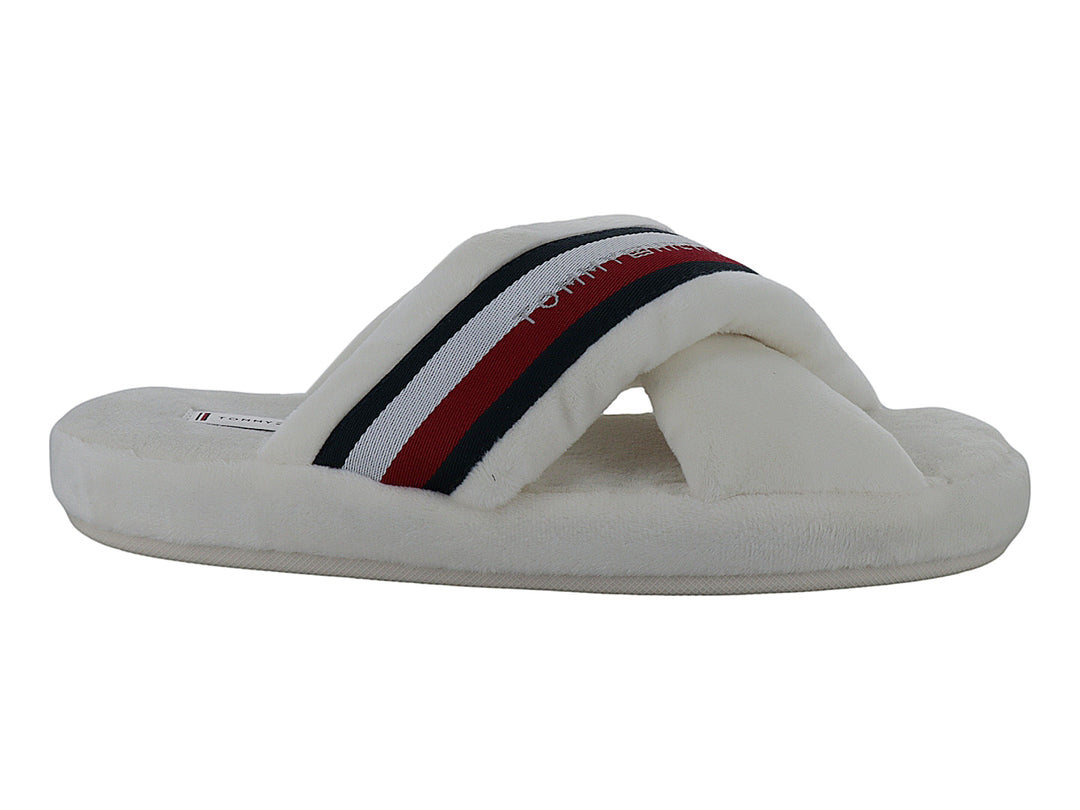 Pantufla blanca de Tommy Hilfiger con banda decorada con rayas rojas y azules.