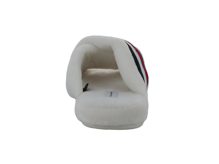 Pantufla blanca de Tommy Hilfiger con banda decorada con rayas rojas y azules.