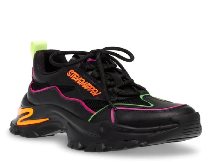 Tenis Steve Madden Madcap color negro con detalles en naranja, rosa y verde neón y suela chunky.