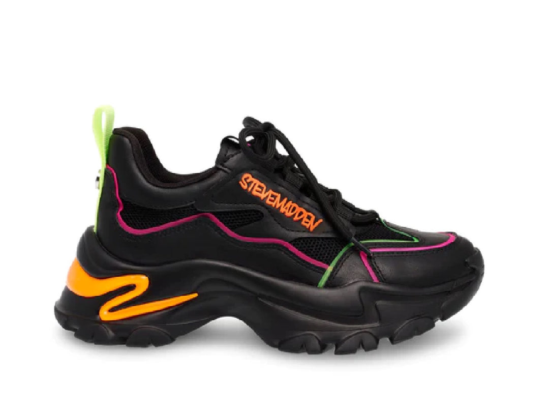 Tenis Steve Madden Madcap color negro con detalles en naranja, rosa y verde neón y suela chunky.