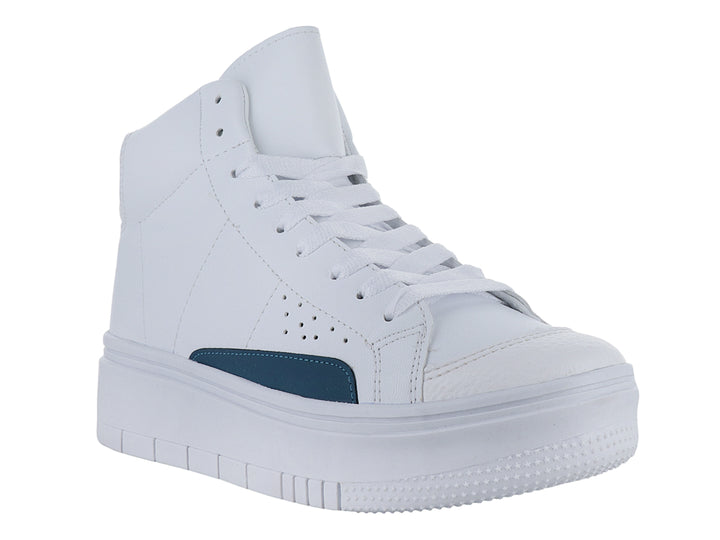 Tenis blancos de bota con suela de plataforma y un detalle lateral en color azul.