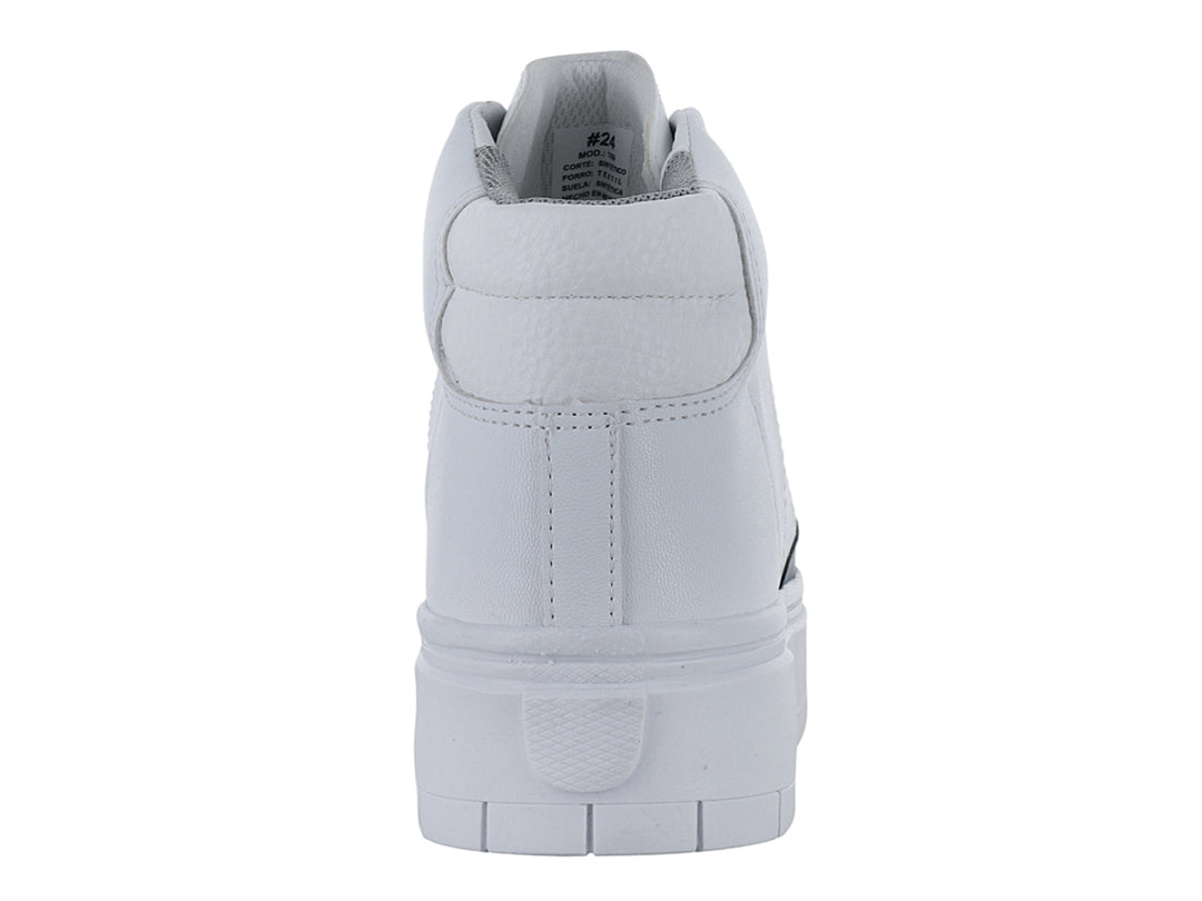Tenis blancos de bota con suela de plataforma y un detalle lateral en color azul.
